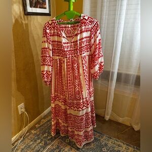 Elegant Red and White Geometric Long Sleeve Dress